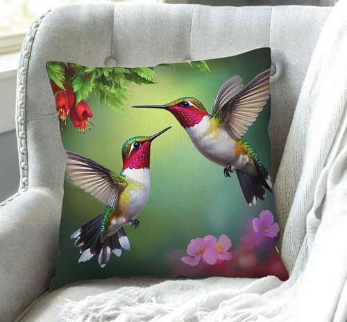 Vista 3 de Swono Funda de almohada de lino y algodón con diseño de flores de colibrí para sofá, cama, 18 x 18 pulgadas