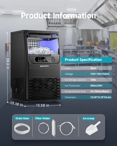 Vista 7 de EUHOMY Máquina comercial para hacer hielo, 85 libras/24 horas, 36 cubitos de hielo en 8-12 minutos, máquina de hielo debajo del mostrador con filtro