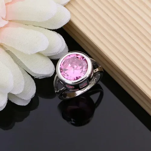 Vista 3 de Juego de joyas elegantes de plata de ley 925 para mujer, aretes de piedra cúbica rosa grande, accesorios de moda, kit de collar