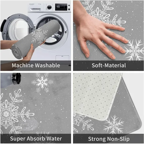 Vista 3 de Tapete de baño, tapete de baño suave y lanudo de Navidad con copos de nieve gris, tapete antideslizante para cocina, dormitorio, 18 x 30 pulgadas