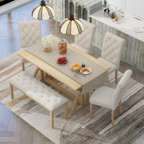 Vista 105 de Juego de mesa de comedor vintage de 6 piezas, juego de mesa de comedor de cocina de madera maciza con 4 sillas ergonómicas acolchadas y banco, mesa