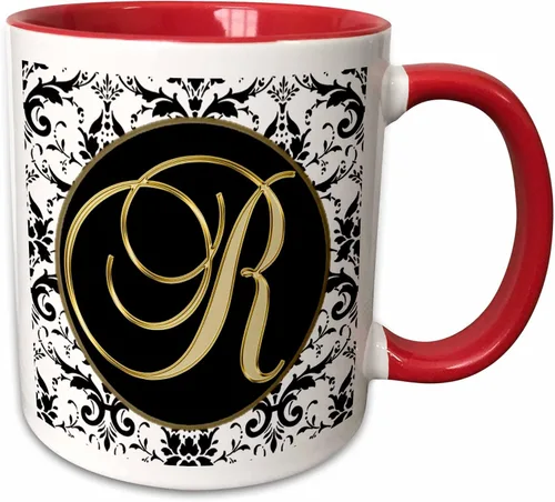 Vista 10 de 3dRose Imagen de la letra R en negro blanco y dorado 11oz taza negra de dos tonos