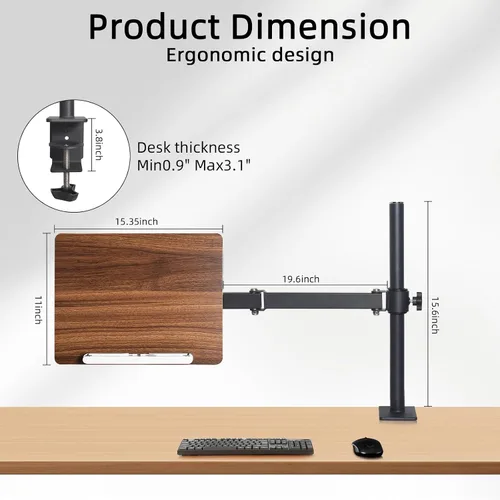 Vista 2 de Soporte de libro ajustable con soporte de abrazadera de escritorio, soporte de lectura de madera con brazo de metal, negro