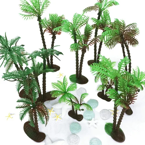 Vista 7 de 42 piezas de palmera de coco, 20 piezas de mini palmeras artificiales de plástico, 22 piezas de concha y estrellas de mar para decoración