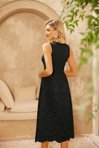 Vista 3 de GRACE KARIN Vestido de verano sin mangas para mujer, acampanado, de algodón, cuello redondo, casual, con bolsillos