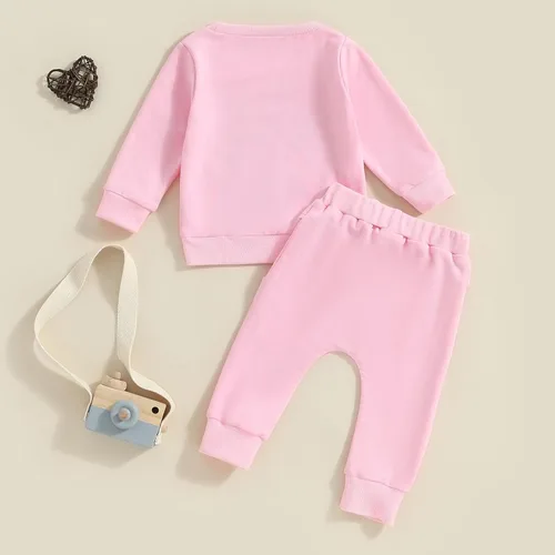 Vista 7 de Molgkyo Conjunto de ropa para bebé niña pequeña, sudadera de manga larga con estampado de letras, sudadera y pantalones deportivos para otoño e