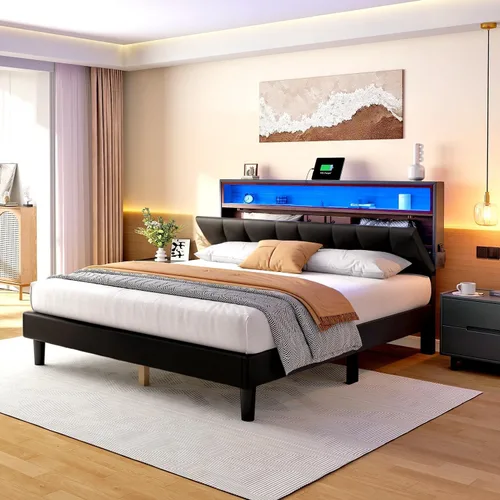 Vista 3 de YITAHOME Base de cama de tamaño matrimonial, marco de cama LED con cabecera tapizada de almacenamiento, cama de plataforma con salida y puertos USB