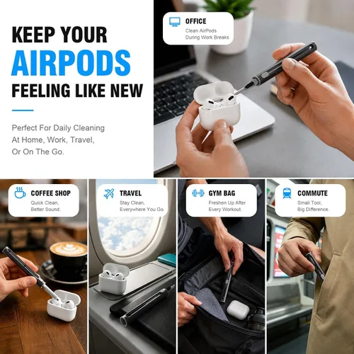 Vista 4 de Hyashee Kit limpiador para Airpods Pro 1 2 3 pluma de limpieza multifunción con cepillo suave esponja flocado para auriculares Bluetooth, Negro