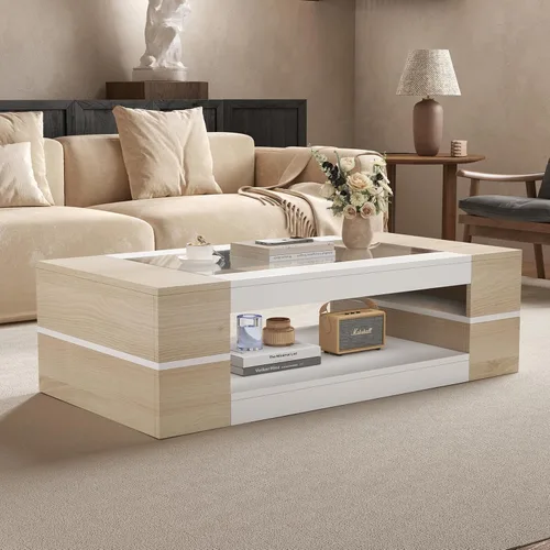 Vista 10 de HedoAjim Mesa de centro moderna y elegante de 47.2 pulgadas con parte superior de cristal, mesa grande para sala de estar, mesas centrales