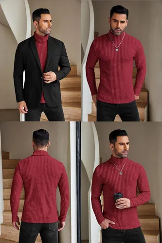 Vista 4 de Ekouaer Camisetas de cuello alto para hombre, camisa de manga larga, térmicas, ligeras, de capa base, acanaladas, suéteres sin botones, tallas S-XXL