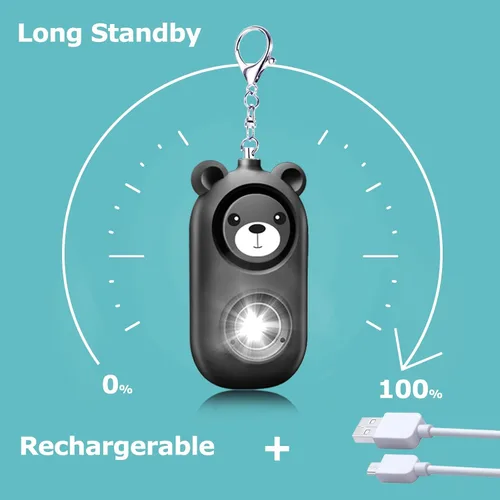 Vista 7 de Llavero de alarma de seguridad personal con luz LED, alerta de emergencia de 130 dB, diseño de oso recargable para mujeres, niños y niñas
