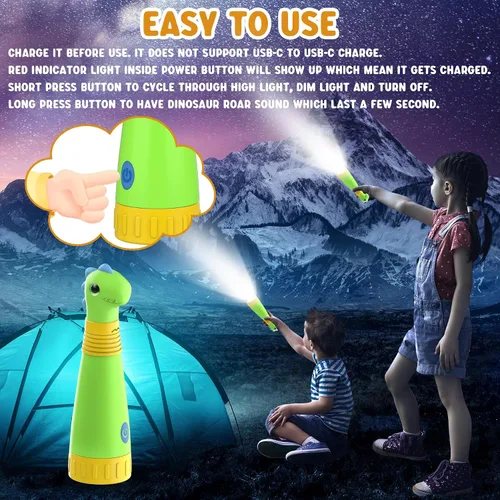 Vista 3 de Linterna recargable de dinosaurio con rugido para niños, linterna de campamento para niños, linterna de mano para niños, luces de Navidad