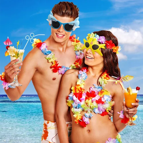 Vista 4 de Yunsailing 48 decoraciones de fiesta Luau incluyen 24 leis hawaianos y 24 lentes de sol tropicales, regalos de fiesta en la playa, flores