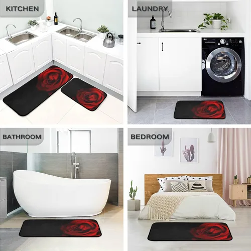 Vista 4 de Juego de 2 tapetes de cocina con rosas rojas, color rojo rosa, suave, antifatiga, juego de tapetes de cocina color negro con flores antideslizantes