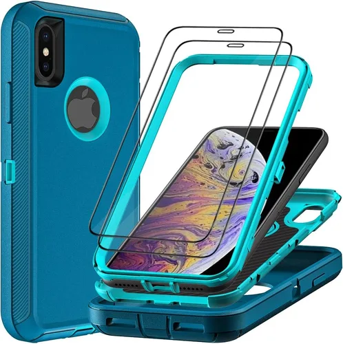 Vista 8 de Funda para iPhone X/iPhone Xs con 2 protectores de pantalla de vidrio templado, grado militar 3 en 1, resistente a prueba de golpes, a prueba