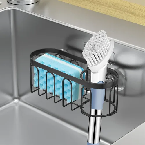 Vista 5 de Soporte de esponja 2 en 1 para fregadero de cocina, organizador de fregadero de cocina con 3 ventosas, soporte de esponja para fregadero a prueba