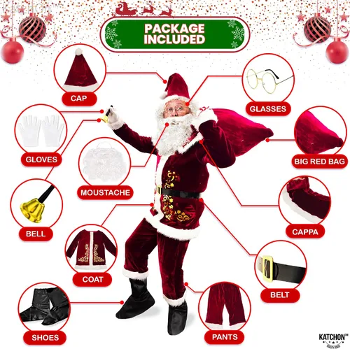 Vista 4 de KatchOn Deluxe Velvet Santa Suit for Adults - 11 Pieces Santa Costumes for Adults Christmas Costumes, Santa Claus Costume