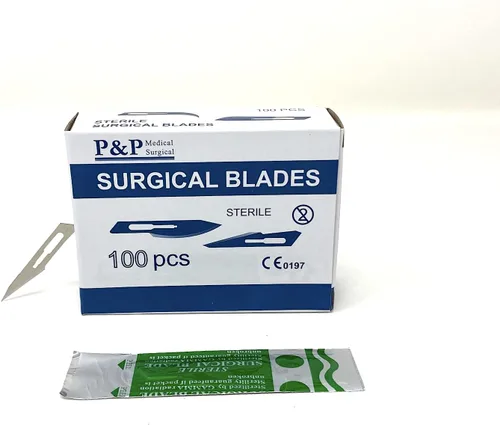 Vista 4 de Cuchillas de bisturí quirúrgicas desechables, acero al carbono estéril de alta calidad, 2.1% 10xx envueltas individualmente por P & P Medical