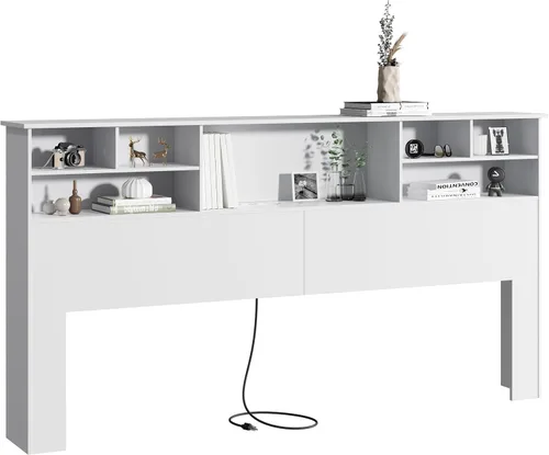 Vista 12 de Cabecero tamaño King solo con almacenamiento, estantería con 2 luces