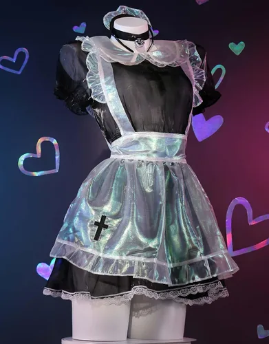 Vista 2 de Disfraz de sirvienta para mujer con delantal, gargantilla, diadema, Halloween, cosplay