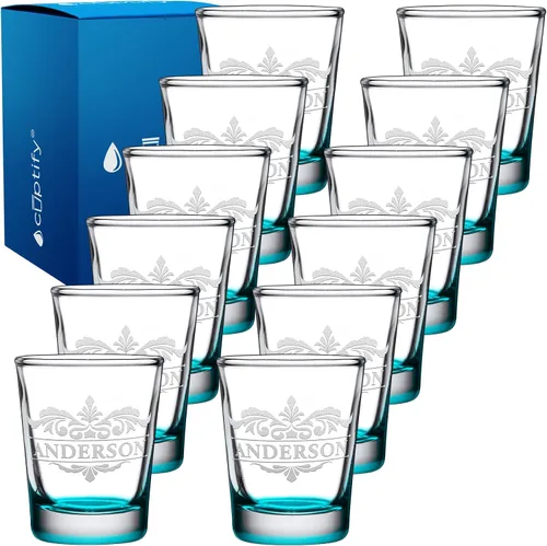 Vista 29 de Vaso de chupito personalizado con nombre de círculo elaborado de 2 onzas, parte inferior negra grabada con texto personalizado para regalos, bodas
