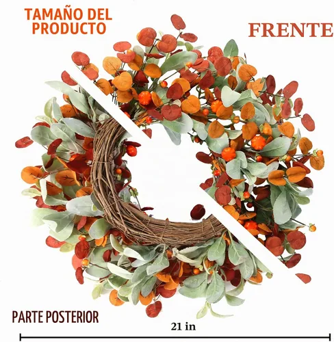 Vista 6 de Sggvecsy Corona de otoño de 21 pulgadas, corona artificial de otoño para puerta delantera con calabazas pequeñas, hojas de eucalipto de seda, orejas