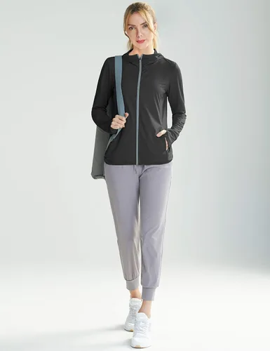 Vista 5 de Libin sudadera con capucha para mujer, con cremallera completa, UPF 50+, capucha con protección solar, de manga larga, para senderismo