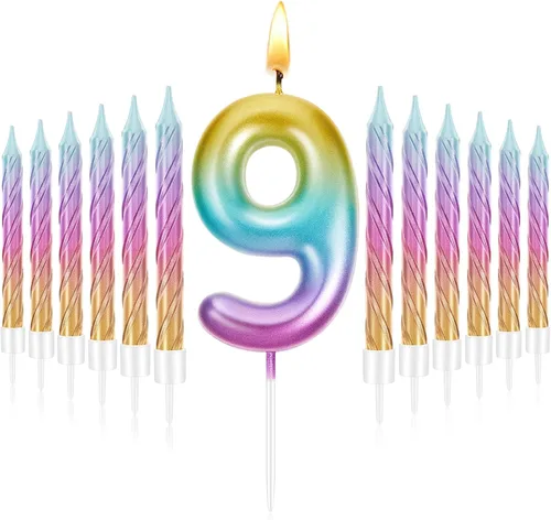 Vista 11 de Treela Vela de cumpleaños de 3 años para pastel con 12 piezas en espiral con números de arco iris, velas degradadas de tercer cumpleaños para niñas