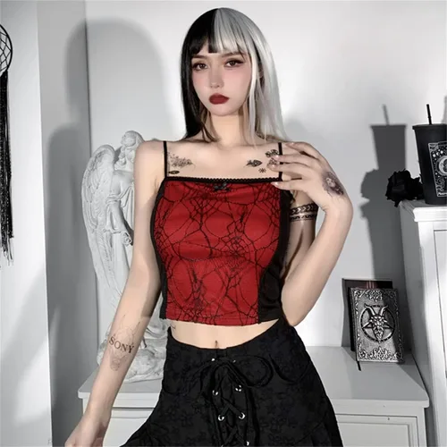 Vista 2 de Women Gothic Crop Tank Top Emo Alt Aesthetic Y2K Fairy Witchy Grunge Clothing