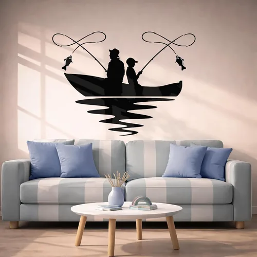 Vista 2 de Vinilo adhesivo para pared, diseño de lago, barco, pasatiempo, club de pescado, decoración grande (g1196), color negro