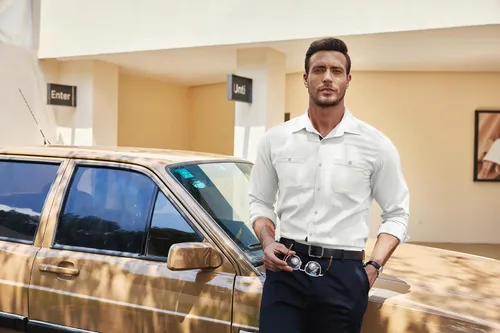 Vista 4 de COOFANDY Camisa de vestir ajustada para hombre, casual, con botones, de manga larga, con bolsillos