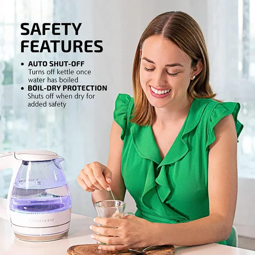 Vista 4 de Ovente Hervidor eléctrico de vidrio, 1.5 litros de vidrio de borosilicato sin BPA, calentador de encimera de ebullición rápida y hervidor eléctrico