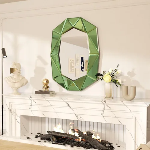 Vista 5 de Espejo de pared ovalado con forma de diamante: marco de espejo verde 39.4 x 27.5 pulgadas Elegante decoración de espejo para el hogar moderno