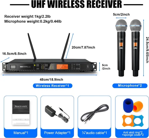 Vista 7 de Depusheng Sistema de micrófonos inalámbricos con 2 canales, micrófono inalámbrico de mano Inalambrico, rango UHF de 200 pies, micrófonos