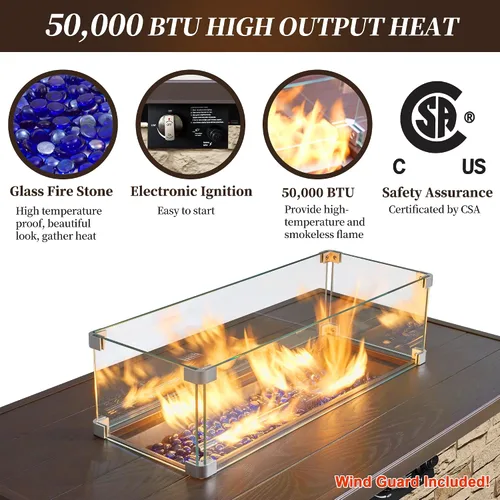 Vista 2 de Mesa de Hoguera de Propano PIZZELLO de 43 Pulgadas al Aire Libre, Mesa de Fuego Rectangular de Piedra para Exteriores, Mesa de Hoguera de 50,000 BTU