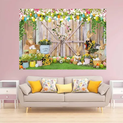 Vista 3 de Avezano Fondos de Pascua de primavera para fotografía, pancarta de feliz Pascua, decoración de puerta de granero, conejito, huevos coloridos, baby