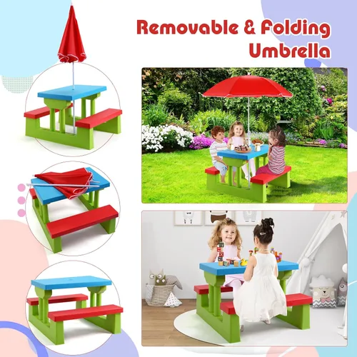 Vista 4 de KOTEK Juego de mesa de picnic para niños, mesa y banco para niños al aire libre con paraguas extraíble, muebles de plástico para niños, mesas