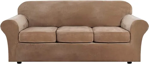 Vista 18 de Funda de terciopelo de lujo con fundas de cojín de asiento separadas, funda de sofá de alta elasticidad, fundas de sofá de felpa ultra suave, Marrón