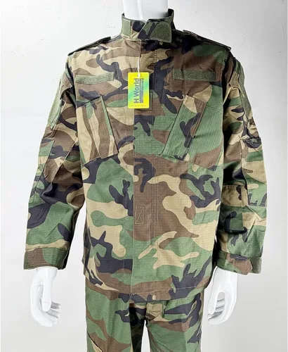 Vista 4 de H World Shopping Militar táctico hombre caza combate BDU uniforme traje camisa y pantalones con cinturón Woodland, Camuflaje del bosque