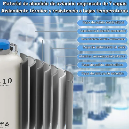 Vista 7 de Contenedor de nitrógeno líquido de 10L – Aleación de aluminio LN2 Dewar, tanque criogénico de nitrógeno líquido con 6 recipientes y bolsa