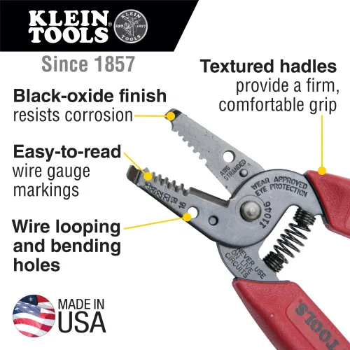 Vista 3 de Klein Tools 11046 Wire Stripper, Wire Cutter, Made in USA, Stripping/Cutting Tool for 16-26 AWG Stranded, Compact Nose with Precision-ground