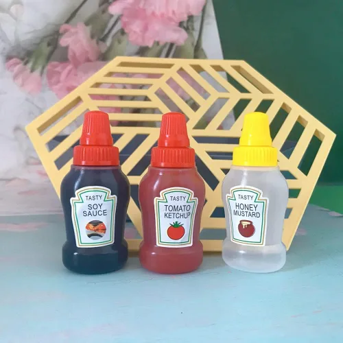 Vista 2 de 8 mini botellas exprimibles de condimentos de 0.8 fl oz de miel, salsa de tomate, salsa, aderezo de ensalada, recipientes exprimibles de plástico