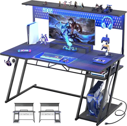 Vista 10 de Escritorio para computadora de juegos Armocity con estantes y tomas de corriente, escritorio de juegos con alacena y luces LED, escritorios