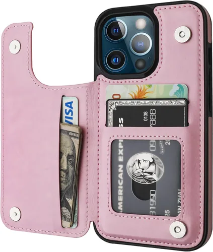 Vista 14 de ONETOP - Funda tipo cartera compatible con iPhone 13 Pro con soporte para tarjetas, funda de piel sintética con ranuras para tarjetas, doble cierre