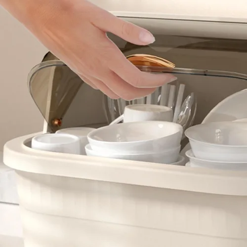 Vista 6 de TOPINCN Escurridor de platos con cubierta de tapa, caja de secado de platos de plástico, escurridor de platos multifuncional que ahorra espacio