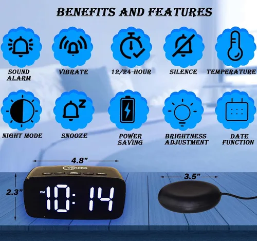 Vista 3 de Reloj despertador ruidoso con agitador de cama, reloj despertador vibratorio para personas que duermen con mucha fuerza, reloj despertador digital