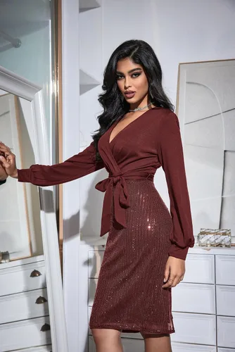 Vista 3 de GRACE KARIN Vestido de fiesta brillante con lentejuelas para mujer, vestido de cóctel ajustado con purpurina de manga larga