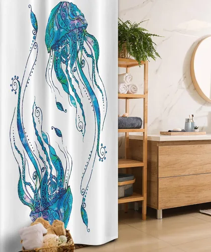 Vista 19 de set de cortina para baño decorativa de tela de poliéster con ganchos