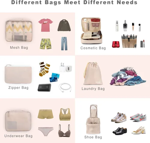 Vista 4 de BAGAIL - Conjunto de 7 u 8 bolsas y maletines organizadores de equipaje, ideales como accesorios de viaje