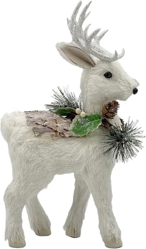 Vista 2 de Galt International Figura decorativa de reno de Navidad blanca, 14 guirnaldas de piñas con purpurina, Papá Noel, ciervos, decoración de mesa